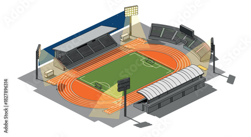 Isometric nighttime stadium with track and field, illuminated by spotlights