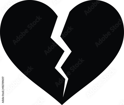 Black broken heart silhouette on white background symbolizing loss and pain
