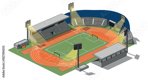 Isometric night view of a modern stadium with track and field lighting