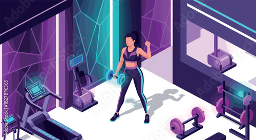 Modern gym with futuristic neon lights and fitness equipment in isometric style