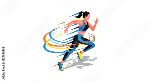 Dynamic runner in action with vibrant swirling lines in isometric style