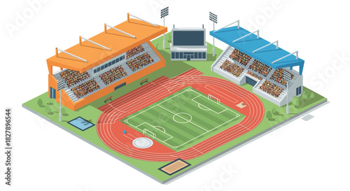 Isometric sports stadium with track field and spectator stands in 3d design