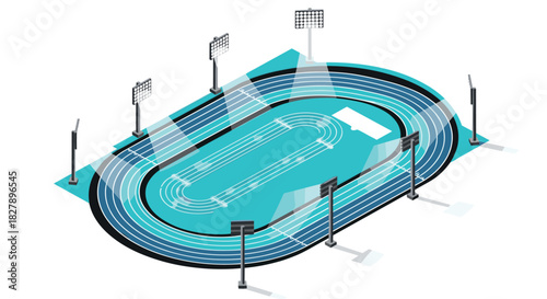 Isometric track field with bright stadium lighting and blue running lanes
