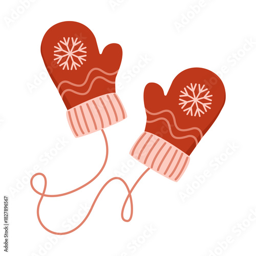 Red Gloves. Knitted Winter mittens with snowflakes. Mittens connecting. Christmas decoration element. Hand drawn vector illustration isolated
