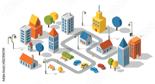 Isometric urban landscape with colorful buildings and streets