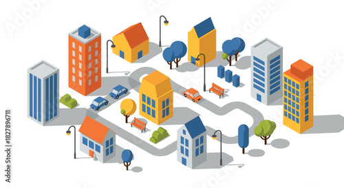 Colorful isometric cityscape with buildings, trees, and cars on a bright day