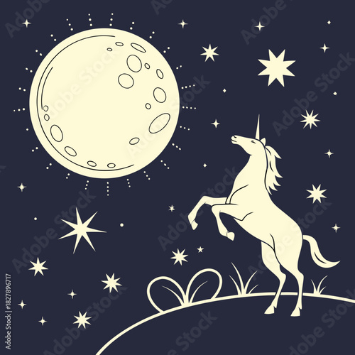 A unicorn stands on its hind legs under the moonlight and starry sky