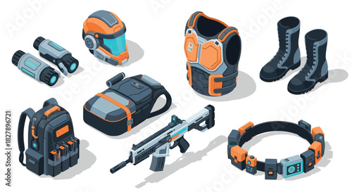 Advanced futuristic military equipment with armored gear, helmet, backpack, and high-tech weaponry in isometric design