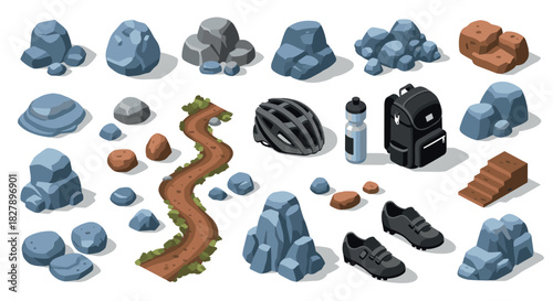 Isometric mountain biking essentials with rocky terrain path and gear