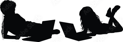 Children using laptops silhouette, digital learning, online education, modern kids, technology engagement, remote activity, vector illustration