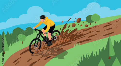 Mountain biking adventure: cyclist navigating muddy trail in dynamic outdoor landscape scene