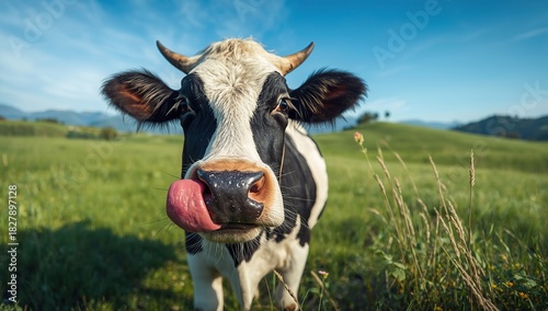 Close-up portrait of a cow with horns licking its nose while standing on a mountain meadow under a clear blue sky