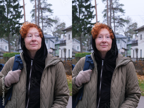 A diptych shows a red-haired woman with a pensive side gaze in one image and a calm, direct look in the other. She is outdoors.