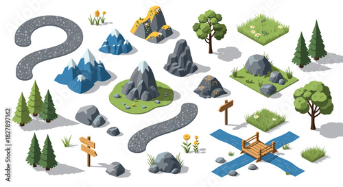 Isometric nature elements collection with trees, paths, and mountains for game design