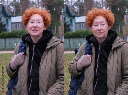 A diptych shows a red-haired woman with a warm smile in one image and a calm, neutral expression in the other. She is standing outdoors.