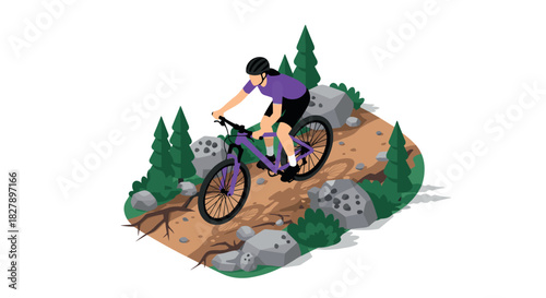 Mountain biking adventure with woman on rugged trail in isometric style
