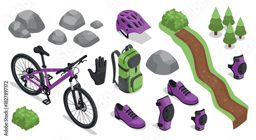 Isometric mountain biking equipment set in purple and green with trail and trees