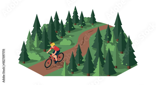 Cyclist riding through forest trail in vibrant flat design