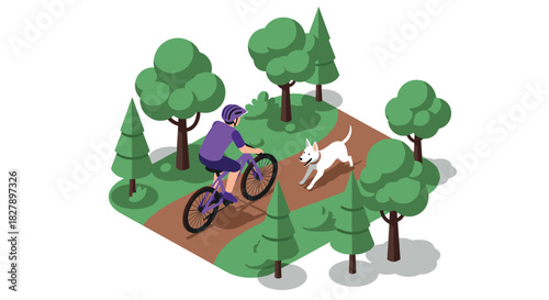 Isometric park scene with cyclist riding and dog running on forest trail