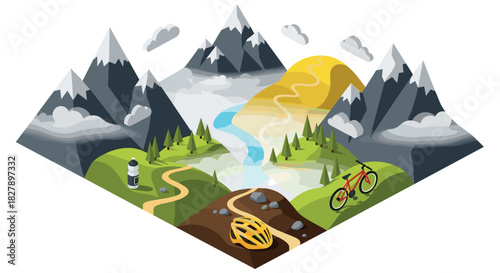 Mountain adventure landscape with river and biking elements in isometric style