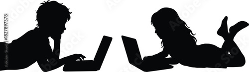 Children using laptops silhouette, digital learning, online education, modern kids, technology engagement, remote activity, vector 