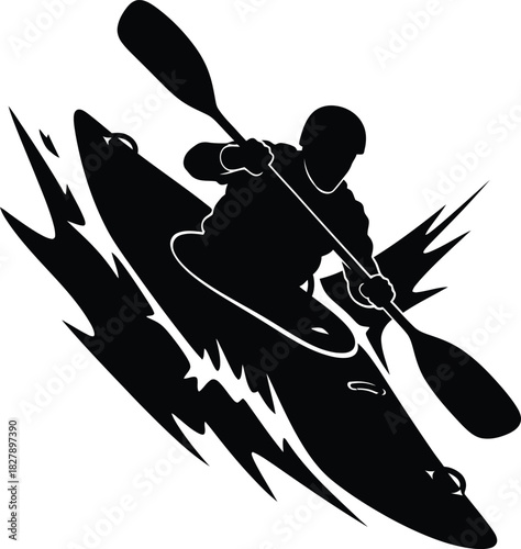 Silhouette of a kayaker paddling through water with speed and power