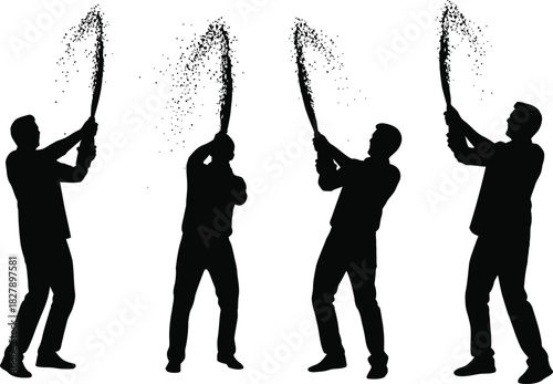 Silhouette of people throwing liquid upwards in celebration or protest