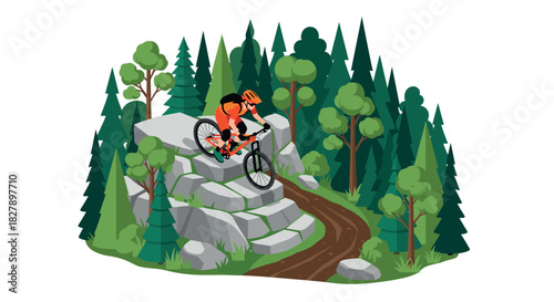 Mountain biker navigating rocky trail in lush forest