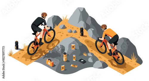 Isometric mountain biking adventure with cyclists on rocky trail in orange and gray