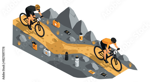 Isometric mountain biking adventure on rugged trail with cyclists and gear