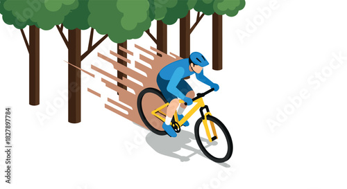 Colorful isometric cyclist riding through forest with motion effect