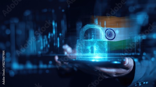 Digital security in India: A hand holds a tablet displaying a glowing padlock, symbolizing national data protection and cybersecurity measures.