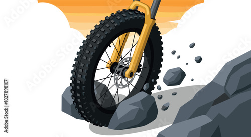 Mountain bike tire navigating rocky terrain in dynamic isometric style