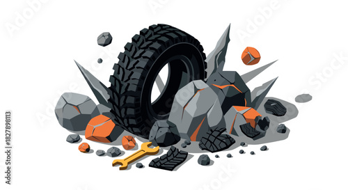 Isometric tire and tools with rocks and crystals in dynamic composition