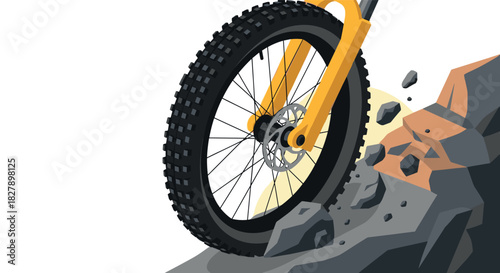Mountain bike wheel over rocky terrain in dynamic flat design