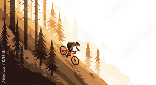 Mountain biking adventure in autumn woods with dramatic lighting