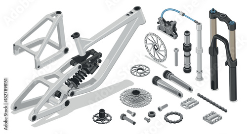 Detailed bicycle parts in isometric style featuring suspension fork and disc brake