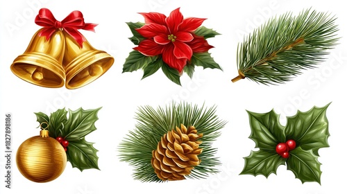 Set of Christmas Decorations: Golden Bells, Poinsettia, Pine Needles, Christmas Ball, Pine Cone, Holly Leaves with Berries