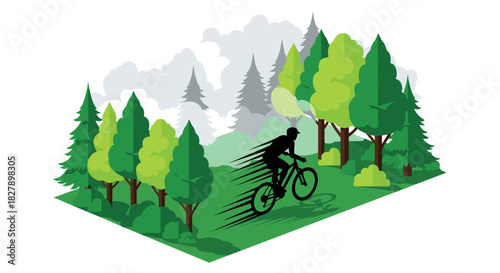 Cyclist racing through forest in isometric landscape design
