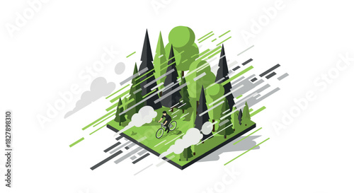 Cyclist in isometric forest scene featuring geometric trees and dynamic motion elements