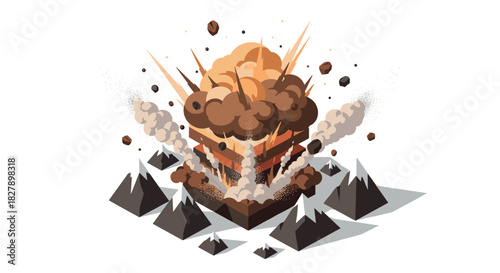Geometric explosion amidst mountains with dynamic cloud bursts