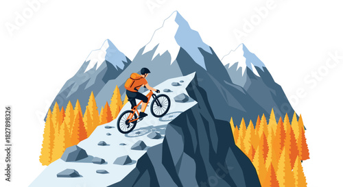 Cyclist climbing rocky mountain path with scenic snow peaks and autumn forest