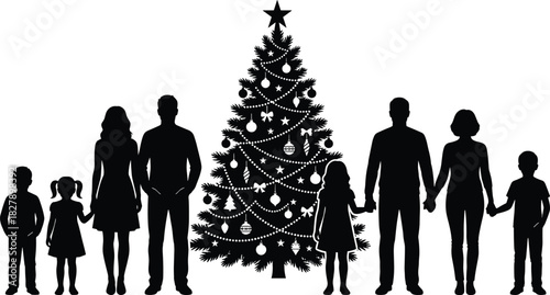 Christmas tree silhouette with two families, festive celebration, holiday spirit, unity, tradition, winter season, vector illustration