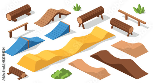 Isometric outdoor skate park elements with ramps and logs on white background