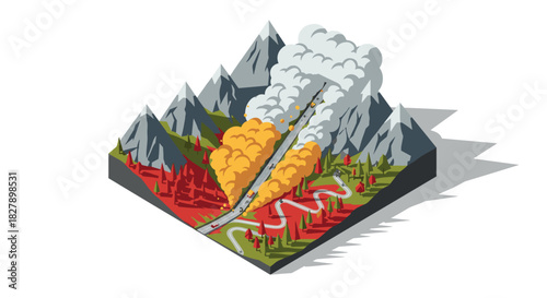 Isometric volcanic eruption in mountainous landscape with smoke and lava flow