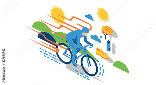 Dynamic cyclist in motion with gear in vibrant abstract style