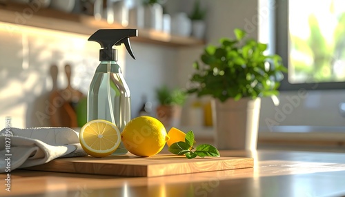 Bright kitchen scene featuring lemons, mint, cleaning spray on a wooden board and natural light