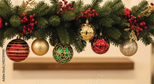 Vibrant Christmas Garland Adorned with Festive Ornaments and Berries.