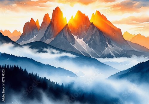 Golden Sunrise Over Majestic Mountain Peaks and Misty Valleys, A Stunning Watercolor Landscape Artwork