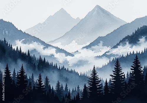 A captivating watercolor painting showcasing serene mountain vistas, dense evergreen forests, and misty valleys at dawn